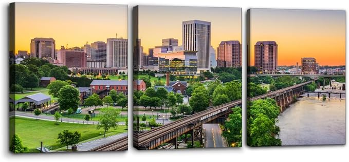 Pacimo Canvas Print Wall Art Set Richmond Skyline Giclee Poster Gallery Wrapped Virginia Cityscape Modern Artwork for Living Room Bedroom Office Stretch and Framed Ready to Hang - 12"x16"x3 Panels