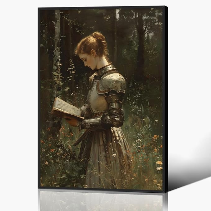 Lady Knight Reading In The Forest Wall Art, Woman Knight Oil Painting, Medieval Fantasy Poster Canvas, Dark Academia Wildflower Field Picture, Reading Wall Art for Bedroom 24x36in Framed