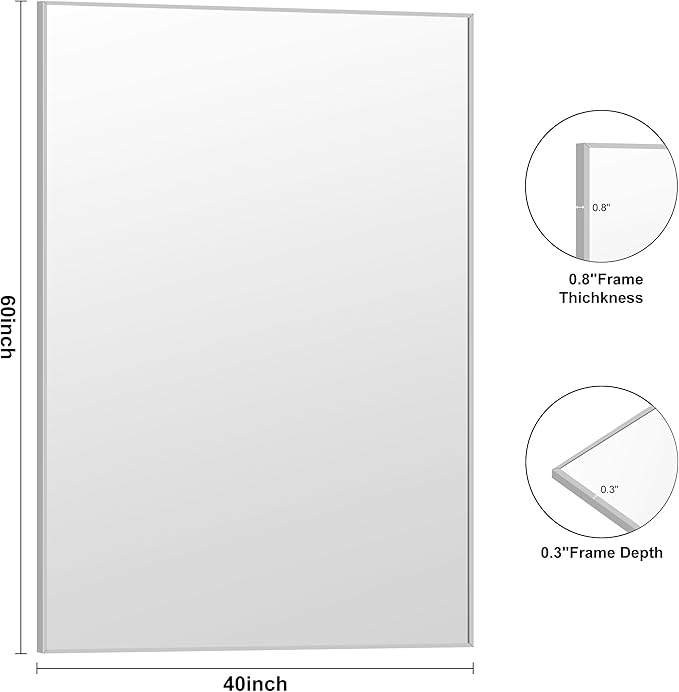 KOCUUY Silver Bathroom Mirror, 60"x40" Large Rectangle Bathroom Mirror for Wall, HD Tempered Glass, Anti-Rust Brushed Silver Frame, Modern Design for Bathroom, Bedroom, Hang Horizontal/Vertical