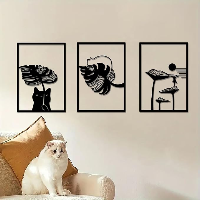 3Pcs Black Cat Wall Art, Metal Wall Sculptures, Cat Wall Decor for Cat Lovers, for Living Room Bedroom Kitchen Office Wall Hanging Décor