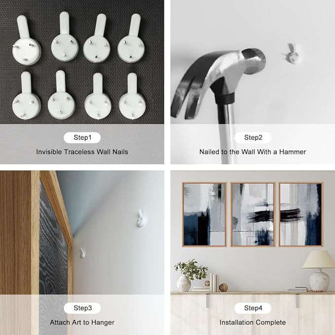 Abstract Blue and Gray Framed Canvas Print Wall Art Set,Modern Neutral Geometric Line Wall Decor,Minimalist Navy Blue Pastel Grunge Brush Strokes Artwork for Living Room,Bedroom-16 x24 x3