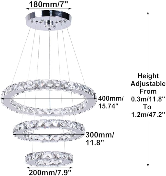 LED Chandeliers 3 rings LED Ceiling Lighting Fixture Modern Crystal Chandeliers Adjustable Stainless Steel Pendant Light for Bedroom Living Room Dining Room(Changeable Color,Control by button)