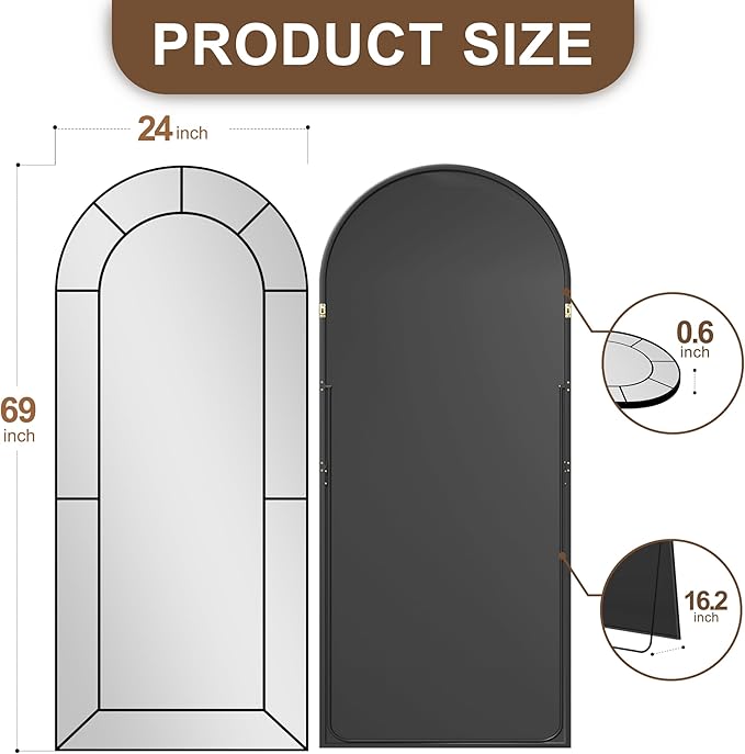 Wall Mirror,Full Length Floor, Window Pane for Living Room Decor, Decorative Wall Art, Large Wall for Bedroom, Hallway, Living Room Arch-65"X28"