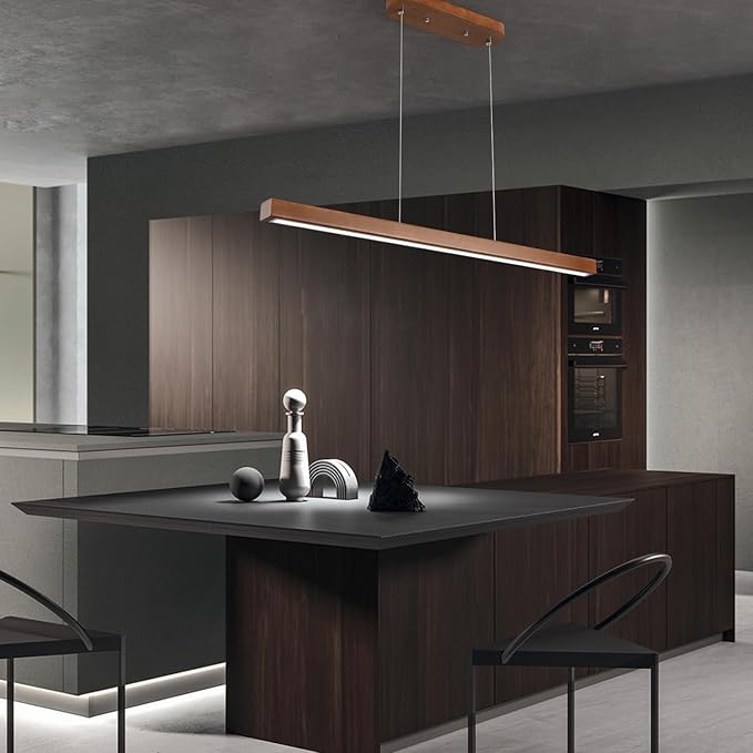 39" Wood Linear Pendant Light Modern LED Dimmable Ceiling Hanging Light Fixture Wood Linear Chandeliers 24w for Dining Room Kitchen Island Pool Table Bar Walnut Color (with Remote Control)