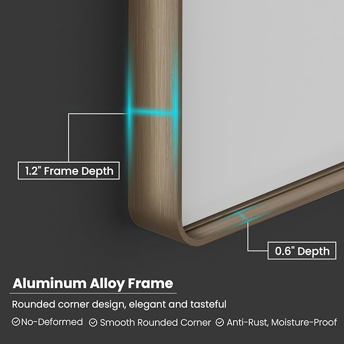 Bronze Bathroom Mirror 60x30 Inch, Brushed Bronze Metal Frame Mirror for Wall, Rounded Rectangle Bathroom Vanity Mirror with Tempered Glass, Anti-Rust, Horizontal/Vertical
