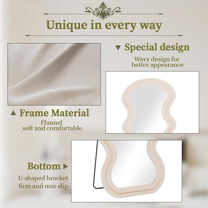Koonmi 71"x32" Irregular Mirror Full Length, Large Full Body Freely Standing Mirror, Flannel Wave Floor Mirror with Stand for Bedroom, Living Room, Hanging or Against The Wall, White
