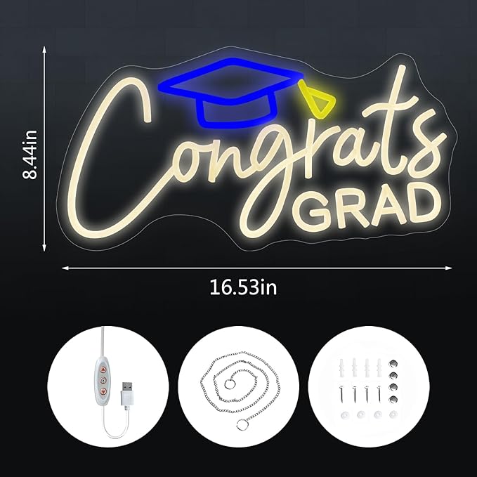 Congrats Grad Neon Sign with Graduation Cap, Warm White Grad Light Up Sign for Wall Decor, Adjustable Congrats Led Sign for Class of Party Room Dorm Backdrop Celebration Gifts