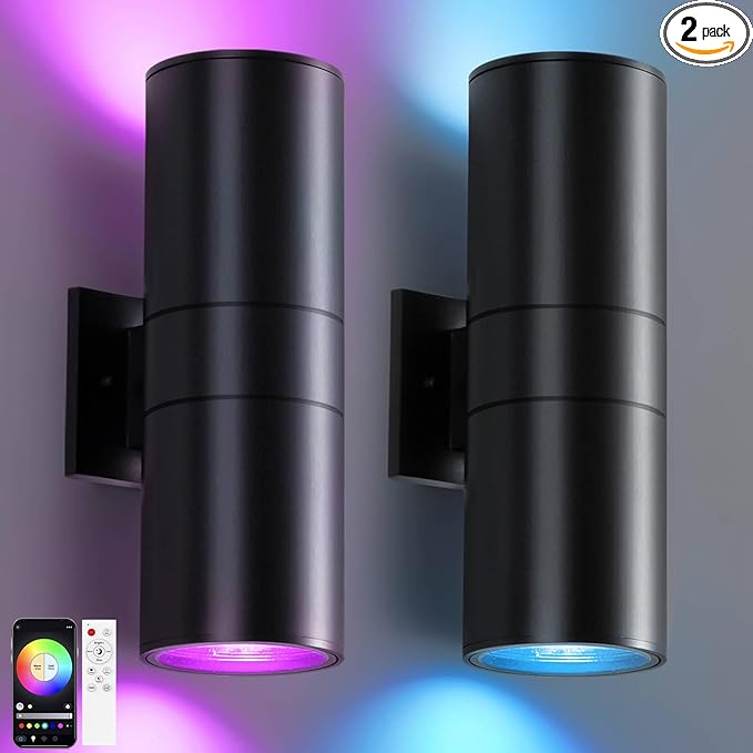 KIZON Smart Porch Lights 2 Pack, RGB Modern Outdoor Wall Lights Dusk to Dawn Exterior Lighting Fixture App Control with Remote, Up and Down Outdoor Sconce Lights for House Patio Garage, ETL Listed