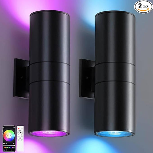 KIZON Smart Porch Lights 2 Pack, RGB Modern Outdoor Wall Lights Dusk to Dawn Exterior Lighting Fixture App Control with Remote, Up and Down Outdoor Sconce Lights for House Patio Garage, ETL Listed