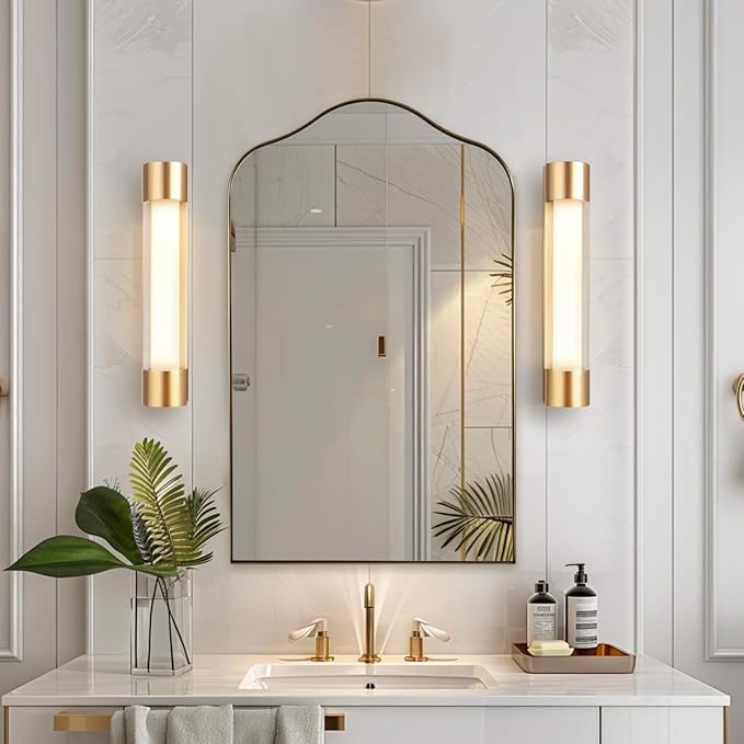 ANDY STAR Brass Scalloped Arched Wall Mirror, 22x35 Brushed Gold Irregular Bathroom Mirror with Curved Design for Vanity, Powder Room, Fireplace, Mantel, Stainless Steel Frame