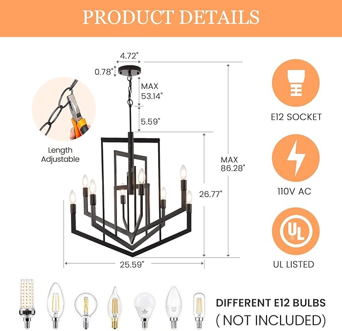 Black Farmhouse Chandelier,8-Light Modern Geometric Pendant Light Fixtures,Rustic Industrial Foyer Lighting Fixtures, Large Foyer Chandeliers for High Ceilings,for Kitchen Island,Staircase,Entryway