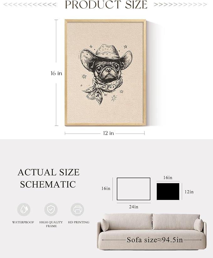 ARPEOTCY Small Framed Canvas Wall Art, 12x16in, Vintage Cowboy Dog Art, Western Room Wall Decor for Bedroom Office Nursery Shelf, Cowdog Artwork