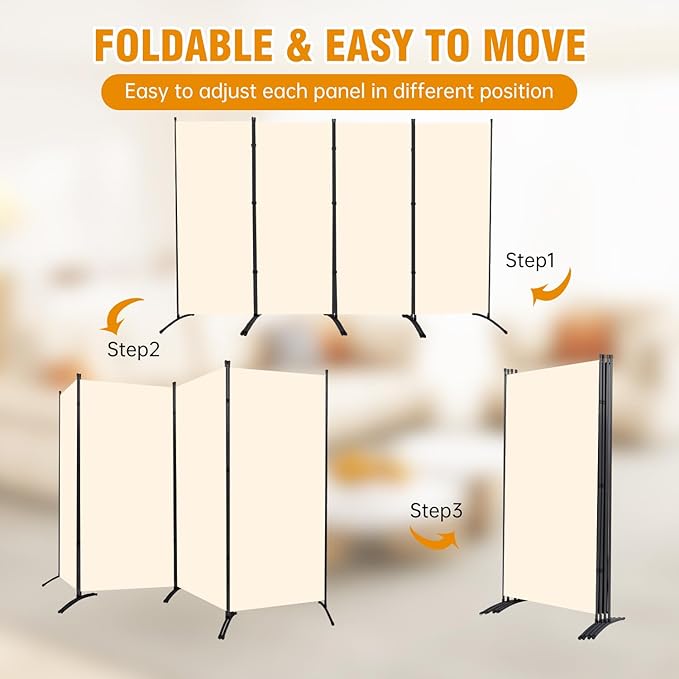 4 Panel Folding Privacy Screens, 6 FT Tall Wall Divider with Metal Frame, Freestanding Room Divider for Office Bedroom Study (4 Panel, Beige)