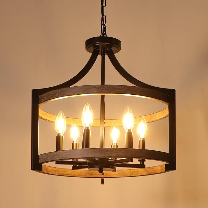 6-Light Farmhouse Chandelier, Metal Faux Wood Hanging Pendant Lighting, Convertible Semi Flush Mount Ceiling Light Fixture Rustic Black Chandeliers for Dining Room Kitchen Foyer Entryway