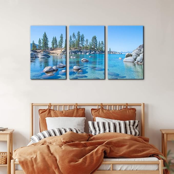 Pacimo Canvas Print Wall Art Set Vibrant Forest & Rocky Lake Landscape Nature Wilderness Photography Realism Rustic Scenic Modern Artwork Decor Stretch Framed Ready to Hang - 16 x 24 inch x 3