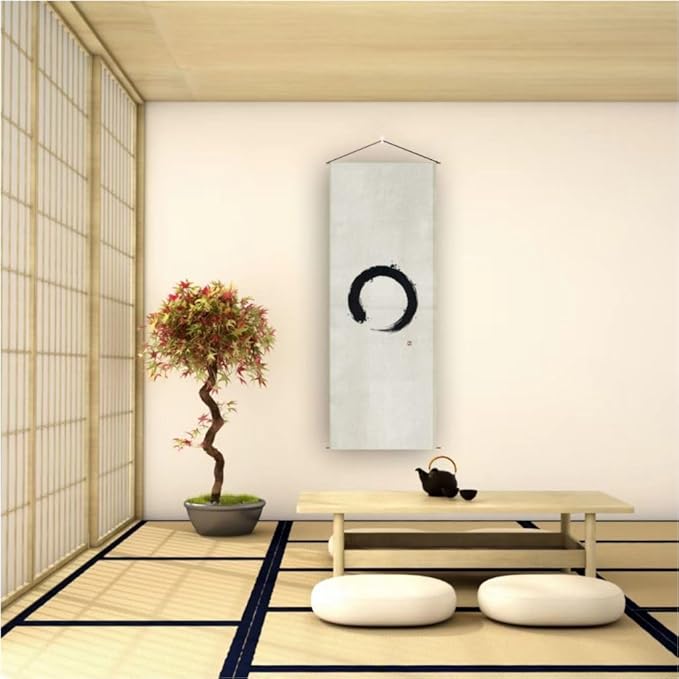 Japanese Tapestry Wall Art Scroll - Feng Shui & Lucky Symbols | W15.7xH47.2", Extra Long Vertical Hanging Decor for Bedroom, Living Room, Office | Zen Design (Enso-Circle) CTT-134