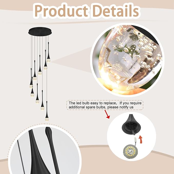 9-Lights Black Pendant Chandliers 100'' High Staircase Ceiling Chandeliers Crystal Bubble Raindrop Lighting Chandelier Ceiling Living Room Dimmable 2700-6000k LED Dining Lighting