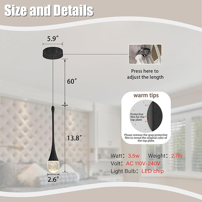 Modern Pendant Lights for Kitchen lsland LED Dimmable Raindrop Chandelier Crystal Ceiling Pendant Lighting for Dining Room Hallway Bar Living Room (1 Pack)