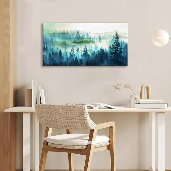 BYXART Canvas Wall Art for Living Room Misty Forest Foggy Mountain Landscape Artwork Nature Picture Bathroom Decor Smoky Scenery Painting Artwork For Bedroom Home Office Decoration 40L x 20W