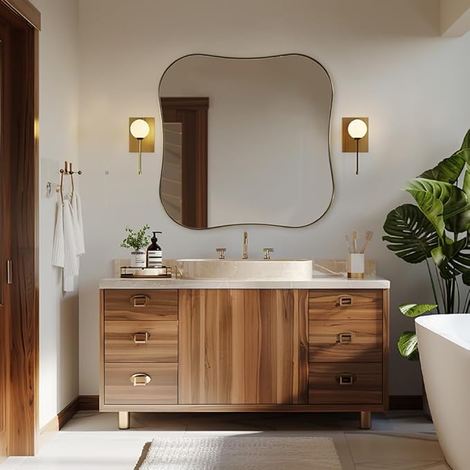 ANDY STAR Brushed Gold Square Bathroom Mirror, 30x30 Inch Contempoary Scalloped Brass Mirrors for Wall in 1 Inch Unique Concave Wavy Stainless Steel Metal Design Ideal for Home Decor Wall Mounted