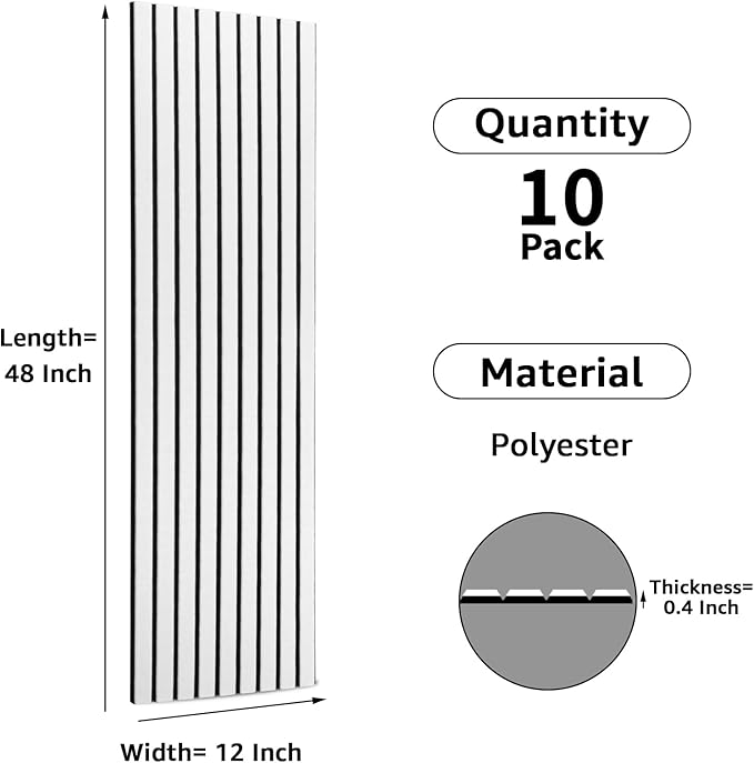 Art3dwallpanels 10 Pack Acoustic Panels, 48" X 12" X 0.43" Soundproof Wall Panels, Self Adhesive High Density Sound Absorbing Acoustic Treatment for Recording Studio, Office, White and Black
