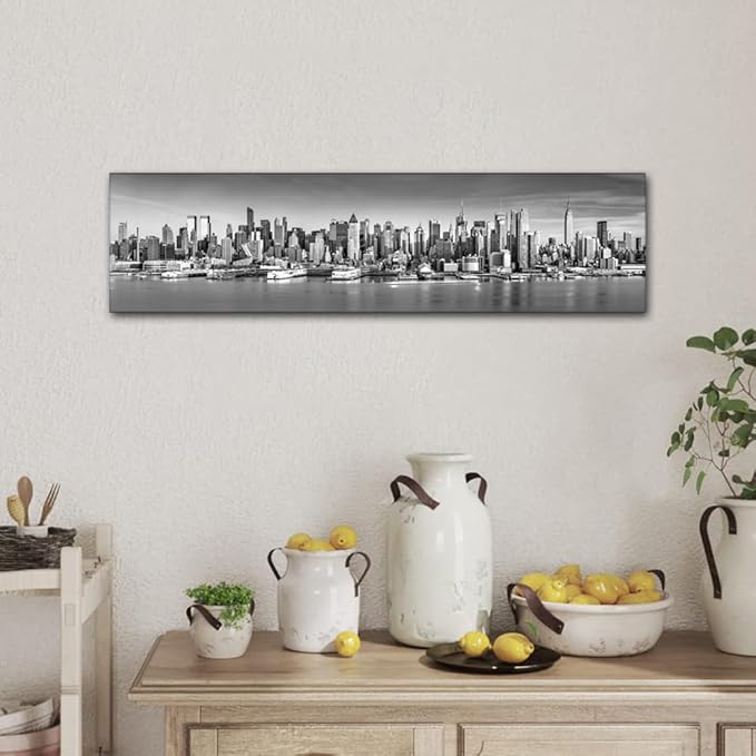 New York Wall Art Black and White City Panorama Cityscape Pictures Print On Canvas Urban Building Artwork Wall Art for Living Room Office Giclee Posters and Prints Framed Ready to Hang 12x46 Inch