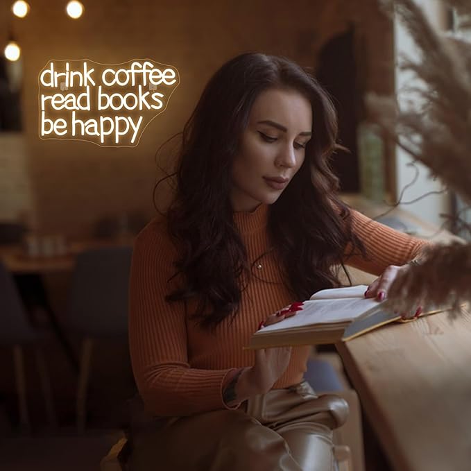Looklight Drink Coffee Read Books Be Happy Neon Sign Warm White Read Books Led Neon Light for Wall Decor Dimmable USB Neon Light Up Signs for Classroom Coffee Shop Bookstore Library Museum Study Room