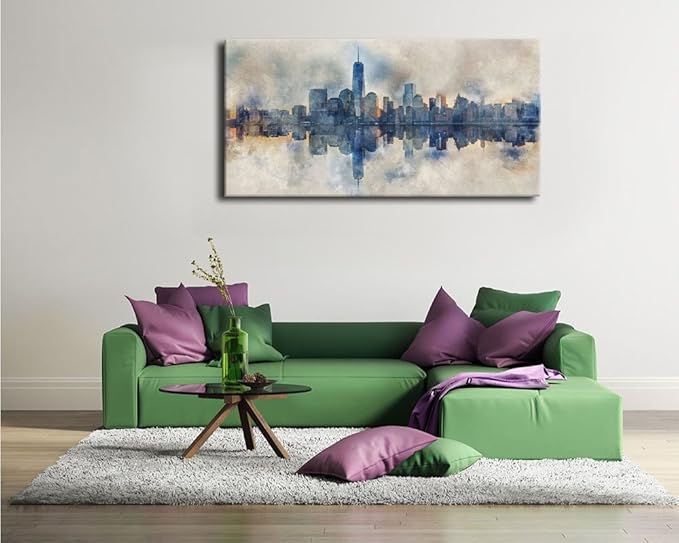 New York City Canvas Wall Art Navy Blue Pictures Abstract Paining City Reflection in Water Canvas Print Modern City Skyline Canvas Artwork for Living Room Bedroom Office Wall Decor 24" x 48"