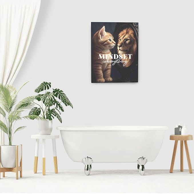 Motivational Lion And Cat Wall Art For Kids Mindset Is Everything Nursery Canvas Wall Decor Inspirational Pictures Paintings Prints Artwork Framed Decorations For Children's Room Bathroom Bedroom Living Room Office Gifts 16" x 20"