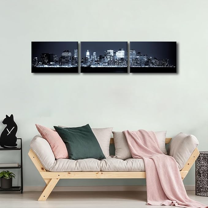 New York Skyline Canvas Wall Art Manhattan Wall Art for Living Room Cityscape at Night Pictures for Bedroom Modern Home Decor Office Bathroom Decorations Artwork Framed Ready to Hang 12x48 Inch