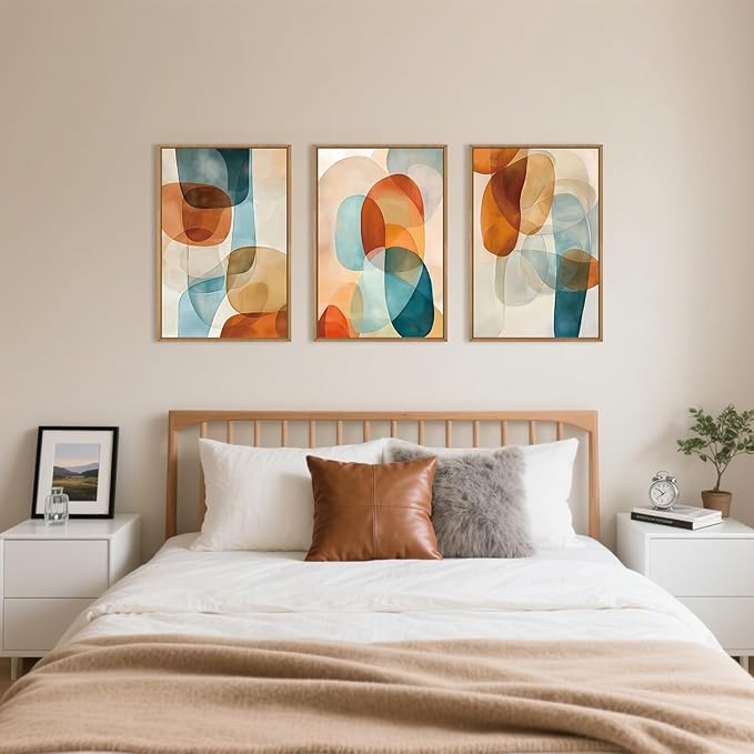 Large Abstract Color Block Framed Canvas Wall Art,Boho Orange and Blue Ovals Wall Decor,Modern Colorful Shape Artwork,Watercolor Geometric Art Print for Living Room,Bedroom,Office- 16"x24"x3