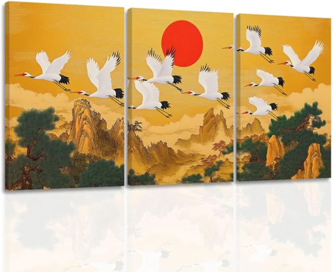 YMXZHUANSH Flying Crane & Mountain Water Painting 3 Peice Chinese Landscape Picture Oriental Wall Art with Red Sun Asian Decor for Living Room Study Tea House 20x28inchx3 (50x70cmx3)