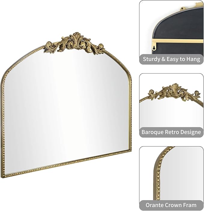 AIXI HOME Vintage Gold Arched Mirror 40"X31", Antique Baroque Mantel Wall Mirror with Ornate Metal Frame for Entryway/Fireplace/Living Room/Hallway/Bathroom/Bedroom