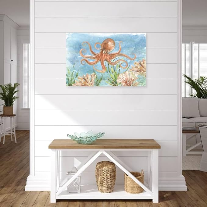 Octopus Canvas Wall Art Ocean Under Sea Life Painting Nautical Marine Life Coral Pictures Framed Artwork For Bathroom Bedroom Livingroom Wall Decor 24x16 Inch