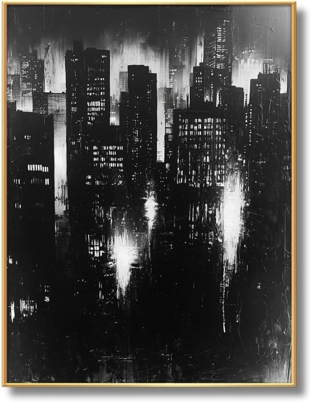 Abstract Cityscape Wall Art, Modern Urban Night Skyline Canvas Painting, Contemporary Expressionist City Decor (Gold, 29" W x 39" L / 75x100cm, Framed)
