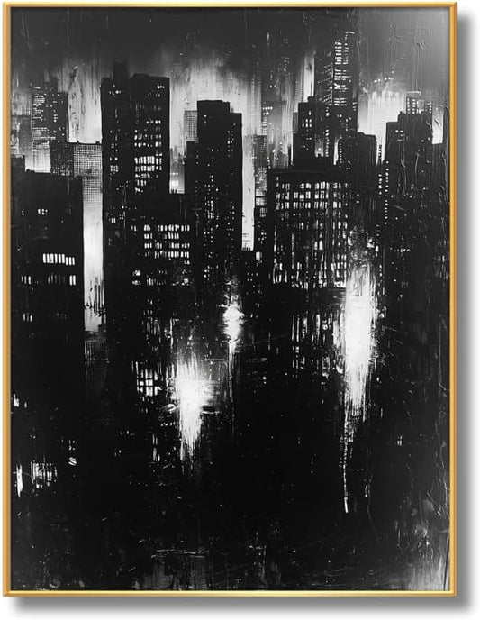 Abstract Cityscape Wall Art, Modern Urban Night Skyline Canvas Painting, Contemporary Expressionist City Decor (Gold, 35" W x 47" L / 90x120cm, Framed)