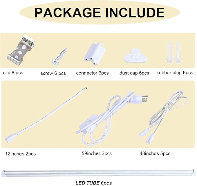 6 Pack T8 Led 4FT 60W Integrated V Shaped Shop Light,Linkable White Daylight 6000k LED Strip Lights Fixture for Garage, Indoor Tube Light for Living Room with On/Off Switch Cable Clear Cover