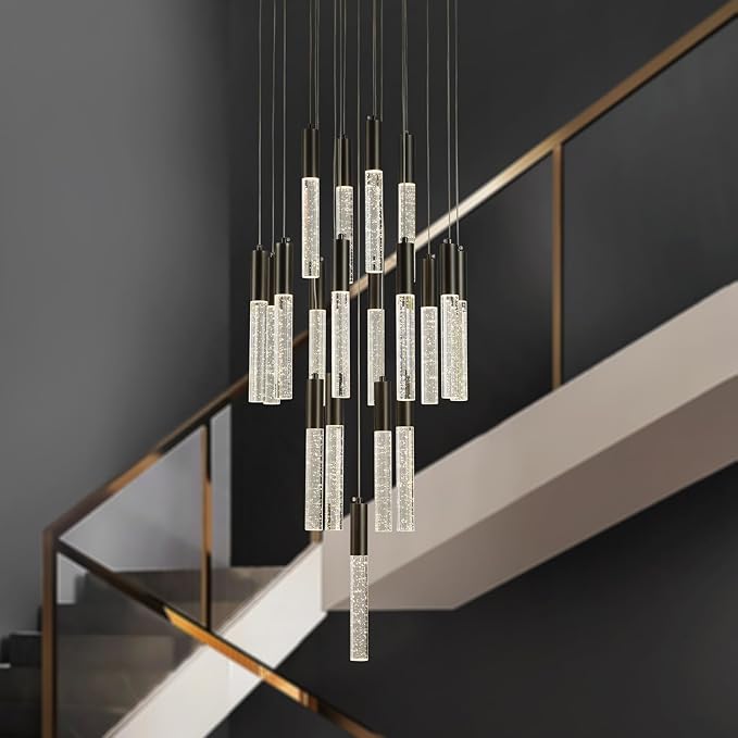 Modern Black Pendant Lights, Large Raindrop LED Hanging Lamps High Ceiling, Round Dimmable Crystal Chandeliers for Dining Room Living Room Staircase Farmhouse