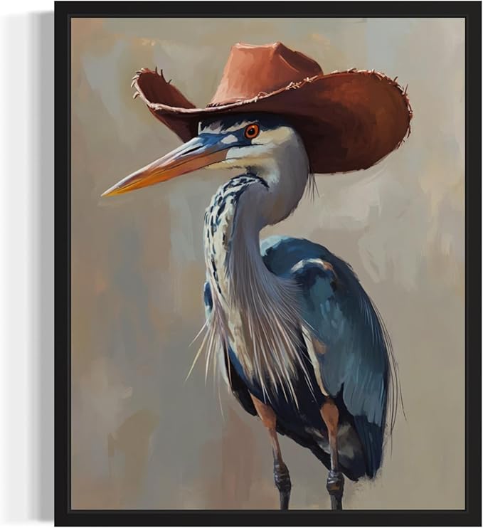 Blue Heron Cowboy Art Print Poster Wall Art, Western Country Farmhouse Wild West for Bedroom, Bathroom, Living Room Art Decor 58 (Blue Heron, 8 x 10 inches, Black Frame)