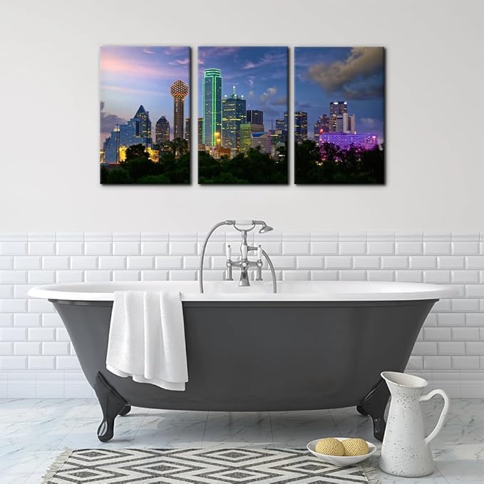 Pacimo Canvas Art Wall Decor Dallas City Skyline Pictures Landscape Painting Prints Texas Cityscape Modern Artwork Decoration for Home Decor Stretch and Framed Ready to Hang - 16"x24"x3 Panels