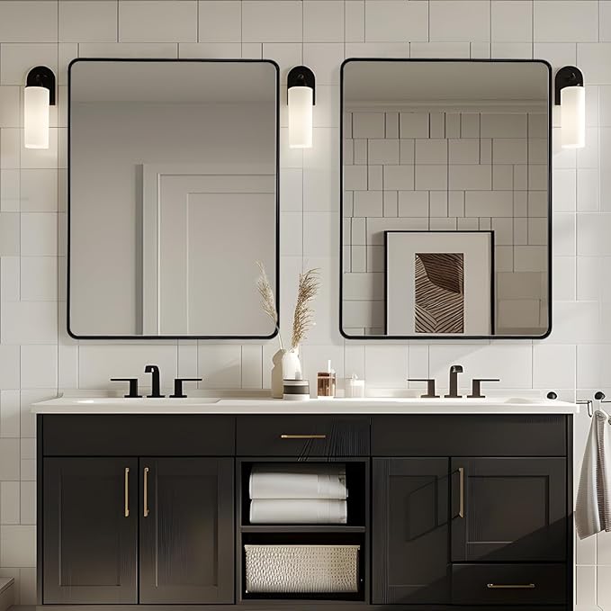 ANDY STAR 48X36 Inch Black Bathroom Mirror, Matte Black Vanity Mirrors for Wall, Rounded Rectangle Mirror for Bathroom, Seamless Tube Metal Frame, 1’’ Deep Wall Mounted Vertical/Horizontal