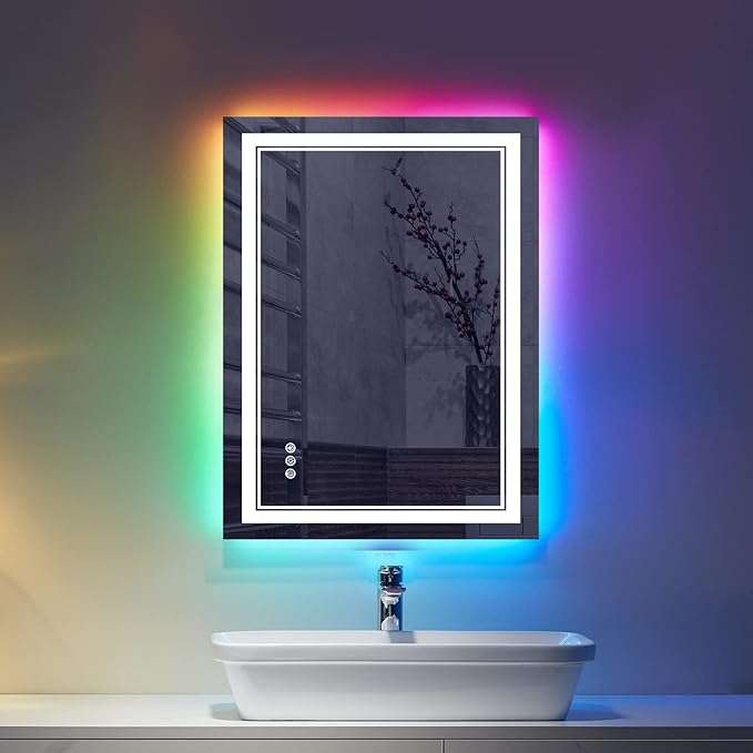 LED Bathroom Mirror, 20x28 inch, Wall Mount, Anti-Fog, RGB Backlit, Front-lit
