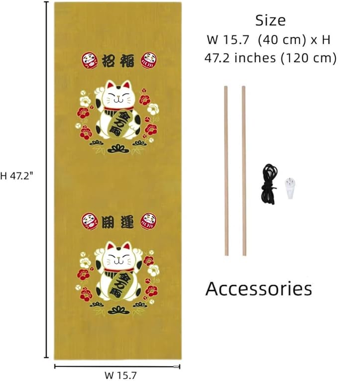Japanese Tapestry Scroll Wall Art - Good Fortune Feng Shui & Lucky Symbols | W15.7xH47.2", Extra Long Vertical Hanging Decor for Bedroom, Living Room, Office | Washable Fabric (Beckoning Cat) CTT-129