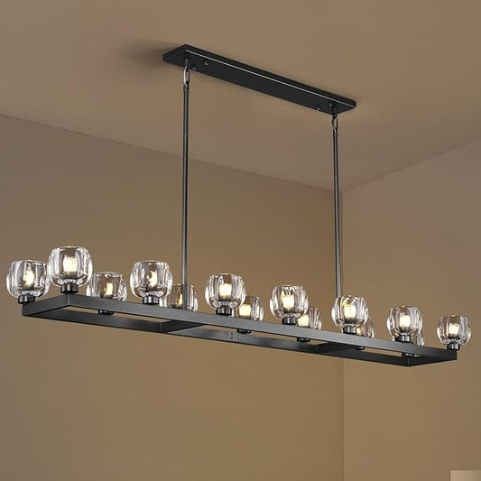 72 Inch Black Rectangle Wagon Wheel Chandeliers, Chandelier for Dining Room Over Table, Modern Crystal Long Chandelier for High Ceiling, Farmhouse Large Linear Chandeliers for Kitchen Island