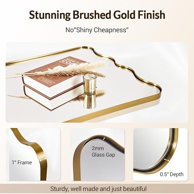 ANDY STAR 24x36 Gold Bathroom Mirror, Brushed Brass Wavy Rectangle Mirror with Curved Design, Irregular Scalloped Wall Mirror for Vanity, Stainless Steel Frame, Anti-Rust, Home Décor
