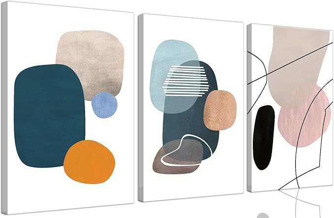 ouiytws Abstract Wall Art Set of 3 – Mid Century Modern Geometric Canvas Prints, Minimalist Teal Orange Beige Artwork for Living Room, Bedroom, Office, Bathroom Wall Décor，Frame 12x16in