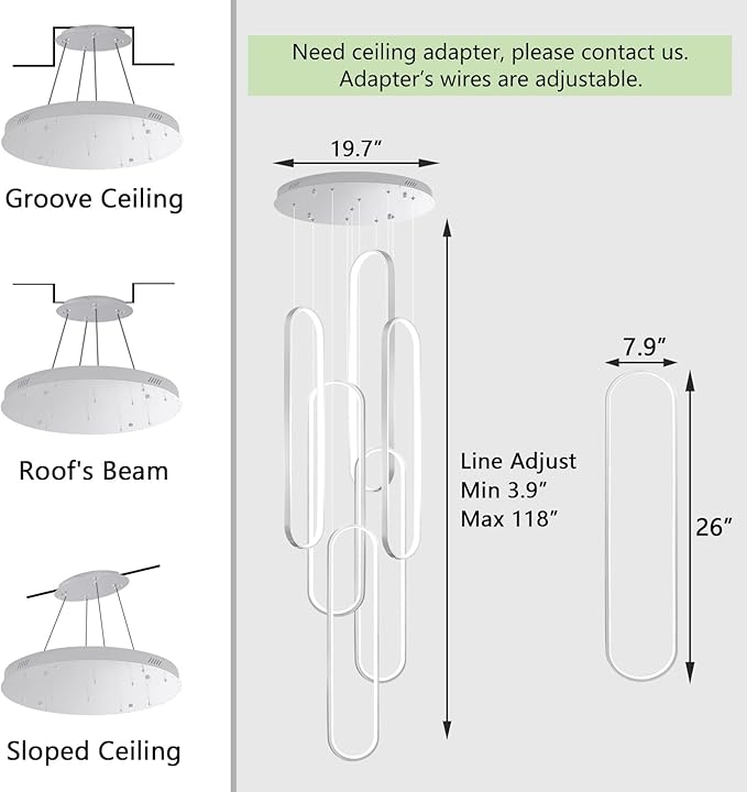 6 Rings Modern Chandelier LED Dimmable Pendant Lighting High Ceiling Chandelier for Entrance Foyer Lobby Staircaes Sliver 118''