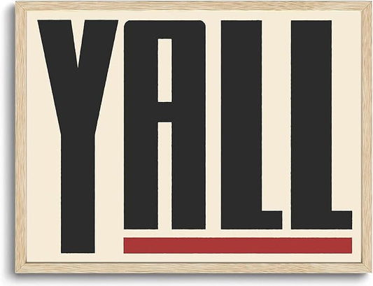 KISSFOX Western Typography OAK Wood Framed Wall Art Farmhouse YALL Means All Canvas Art Prints Rustic Southwestern Pictures Wall Decor Modern Minimalist Artwork For Gallery Bistro Entryway Living Room