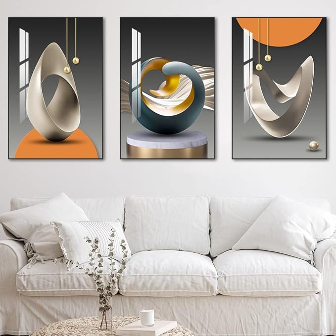 MPLONG Wall Art, Bright Style Framed Wall Art, Abstract Modern Art Shape Pattern White Blue Yellow Grey Wall Art Artfully Matching Living Room Bedroom Office Wall Decor - 16"x 24"x 3 Panels