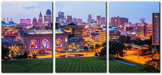 Pacimo Canvas Wall Art Union Station City Landscape Pictures Paintings Kansas Cityscape Modern Artwork Prints on Canvas Wall Decor for Living Room Bedroom Framed Ready to Hang - 20"x28"x3 Panels